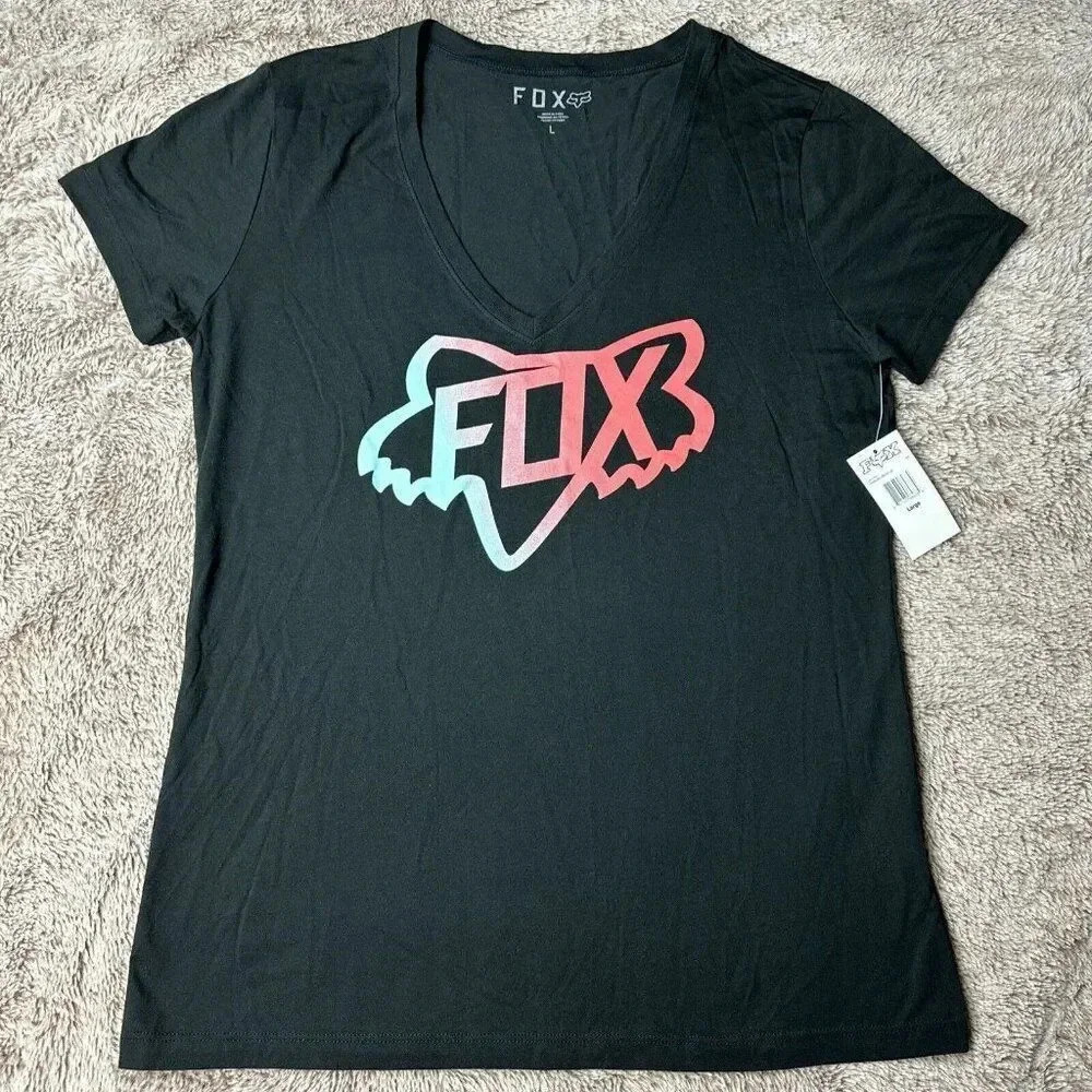 Fox Racing Women Top Black T-Shirt Logo Graphic Short Sleeve V Neck - Picture 9 of 16